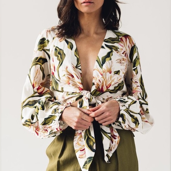 Mara Hoffman Gianna Tie Front Floral Top Cream Multi M - Picture 2 of 8